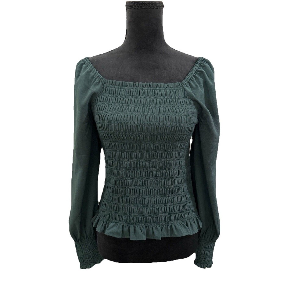 Madewell Womens Small Top Green Long sleeves Smocked Square Neck